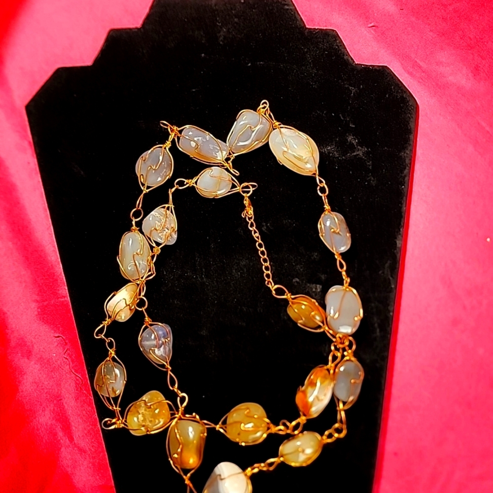 ♥ wrapped agate=moon natural stone wrap.metal long necklace lobster clasp. Vtg.